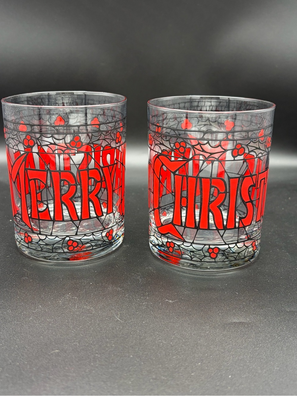 Set of 2 vintage Cera Houze stained glass Christmas glasses